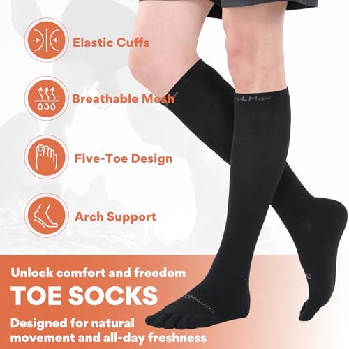 Knee-High Toe Socks - Coolmax Athletic Hiking 5-Finger Compression Socks, Anti-Blister & Moisture-Wicking (3 Pairs)2