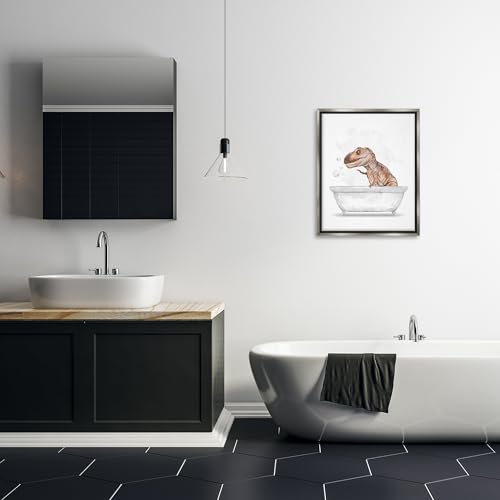 Image of T Rex Dino Bubble Bath Bathroom, 24 x 30 Inch Canvas in Floater Frame | Stupell Industries . By Ziwei Li . Ready to hang . Fun kids bathroom decor . Made in USA