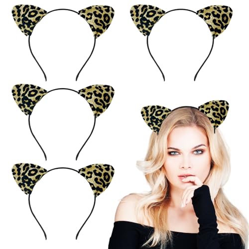 TUONYIS 4 peças Glitter Cat Ears Headband, diadema com orelhas de gato para mulher e menina, diadema de secagem reversíveis para festas de aniversário e jogos de RPG (castanho)