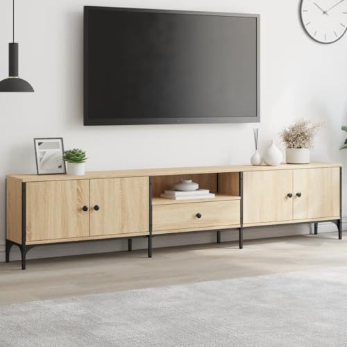 Youuihom TV Lowboard Sonoma-Eiche 200 cm Breit Fernsehschrank aus Holzwerkstoff mit Metallrahmen Verstellbare Füße Viel Stauraum Modernes Design für Wohnzimmer Flur und Home-Office