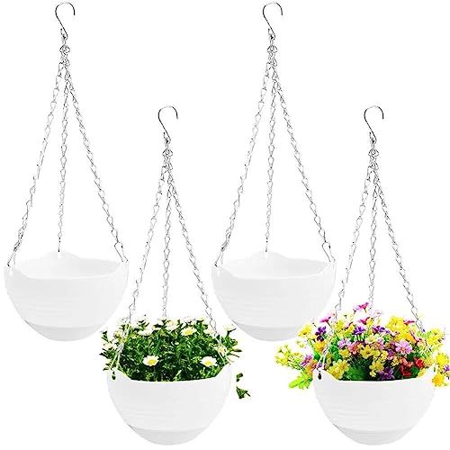 4 Pezzi Pentole per Fioriere Appeso, Cesto Appeso Rotondo con Vassoio per Acqua E Catena di Metallo, Contenitore Succulento di Pentole per Piante Fiorite per Giardino Esterno Interno