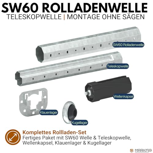 Foto von markiso I Rolladenwelle SW 60 Rollladenwelle Stahlwelle mit Teleskopwelle Welle für Rolladen - inkl. Wellenkapsel & Lager Komplett SET 90-110 cm frei einstellbar KEIN ZUSCHNEIDEN NOTWENDIG
