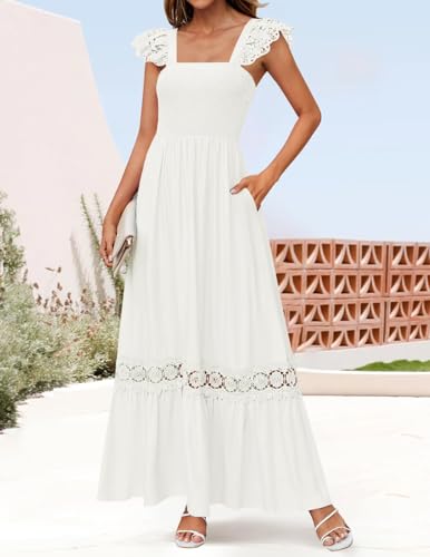 ZESICA Women's 2025 Summer Lace Strap Sleeveless Square Neck Smocked High Waist Ruffle Hollow Out Flowy A Line Maxi Dress2