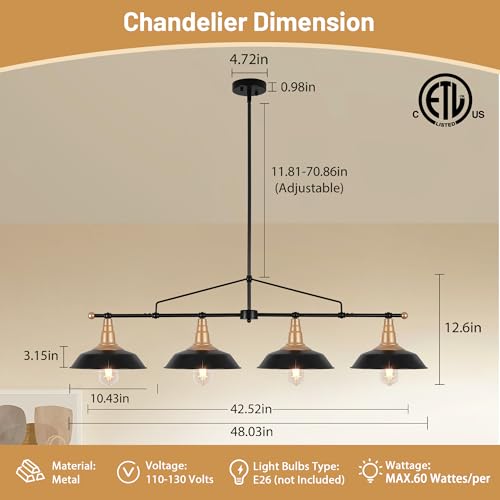 Image of 4-Light Linear Chandelier Black and Gold Kitchen Island Light Fixture