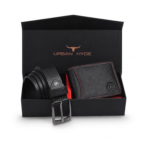 Image of URBAN HYDE Premium Genuine Leather Belt & Thread Work | Wallet Combo for Men | Leather Wallet and Belt Gift Set | Stylish Men Leather Combo Gift for Birthday, Anniversary & Office | Black