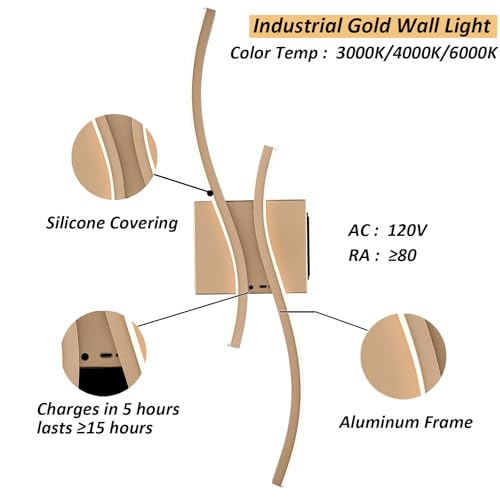 Image of Battery Operated Wall Sconce with Remote Control,10000mAh USB Rechargeable Wireless Minimalist Gold Wall Light,3000K-6000K Dimmable LED Wall Lamp for Bedroom Hallway Background Staircase -1 Pcs