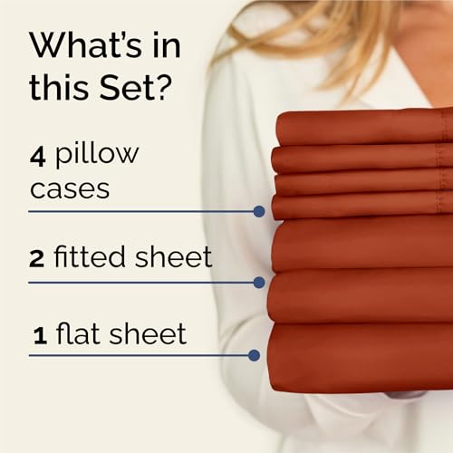 Image of Split King 7 Piece Bed Sheet Set - Comfy, Breathable & Cooling - Terracotta | Ultra-Soft Hotel Luxury Bedding Set w / 8-16 Inch Deep Pockets, 1 Flat & 2 Fitted Sheet & 4 Pillowcases, Wrinkle & Fade Free