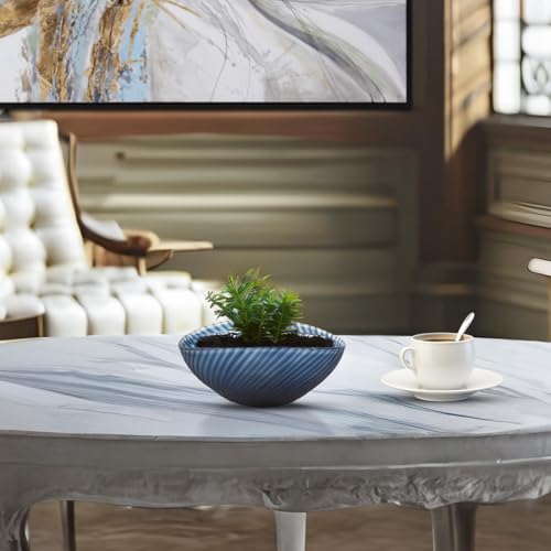 Image of Howard Elliott Collection Striped Blue Oval Hand Blown Glass Bowl for Centerpiece Decor, Hand Crafted Oceanic Crashing Waves Pattern, Table Decor for Home, Wedding and Dining Decorations 5 x 11.5 Inch