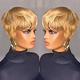 PurpleSexy Pixie Cut Human Hair Wig Short Layered Pixie Cut Style for Women Honey Blonde 27/613 Color for Summer Daily Use Glueless Brazilian Virgin Human Hair Wigs