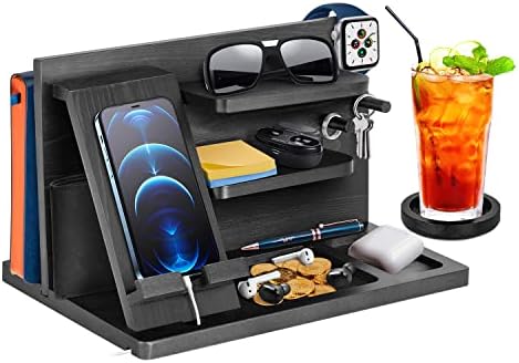 Rotating Wood Docking Station Gifts for Men Bedside Organiser for Him Mens Birthday Gifts for Him Watch Wallet Stand for Men Valentines Gifts for Him Grandad Dad Gifts Anniversary Presents for Mens