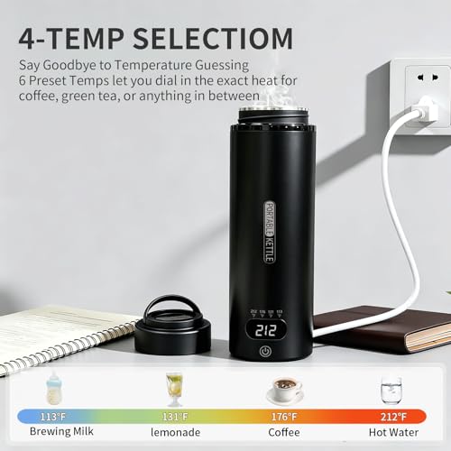 Image of Travel Electric Kettle Small, Smart Water Bottle with 4 temperature control, 450 mL Portable Self Heating Kettle with Leak-Proof for Dormitories, Offices, Business Travel Hotels, 120V