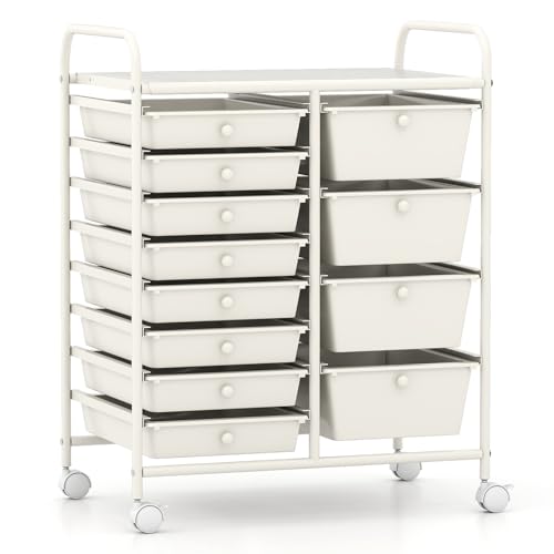 Image of LDAILY 12 Drawer Rolling Storage Cart, Rolling Cart with Drawers for Classroom, Art Supply Craft Organizer on Wheel with Metal Frame & Handles for Home Office School (White, 12 Drawer Left-Right)