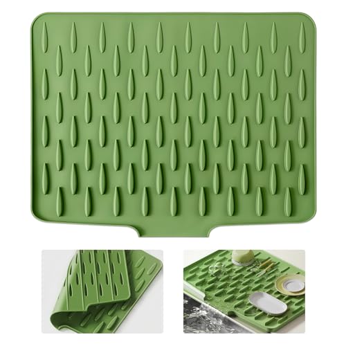 Tappetino Scolapiatti Silicone Con Scolo, 36x28cm Verde, Antiscivolo Tappeto Scolapiatti Cucina, Resistente al Calore Con Efficace Deviazione, per Lavelli da Cucina, Piani di Lavoro da Bagno