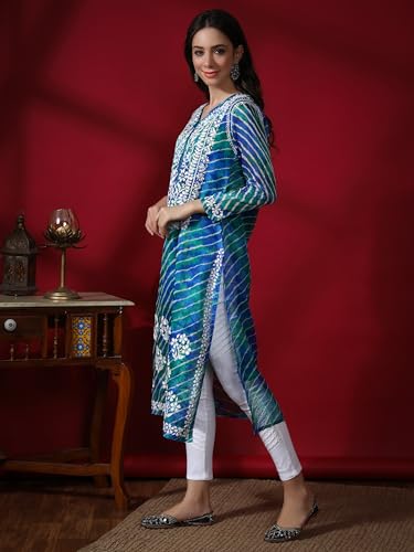Image of Seva Chikan Hand Embroidered Lucknowi Chikankari Aqua Green Kota Women Kurta Kurti with Matching Slip (4047 Aqua Green XL)