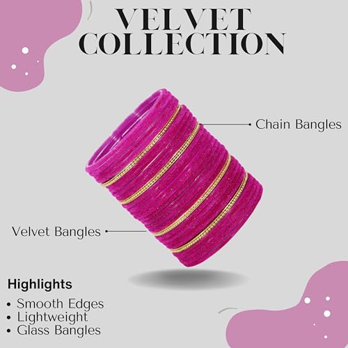 Image of NMII Glass Bangles For Women and Girls with Velvet and Golden Ballchain Linked | Plain Glass Bangles | Velvet Chudi Set | Bangles For Women | Stylish Glass Chudi Bangles- Set of 28