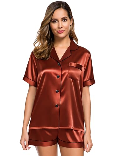 Image of SWOMOG Womens Silk Satin Pajamas Set Short Sleeve Sleepwear Button Down Top and Shorts Loungewear 2 Piece Pjs Set XS-3XL