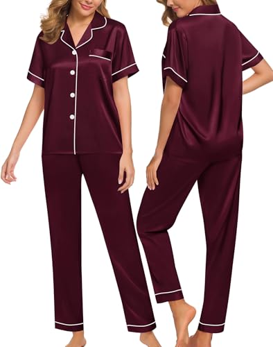 Image of SWOMOG Women Satin Pajamas Set Short Sleeve Top & Pants Sleepwear Silky Button Down Nightwear 2pcs Loungewear Pjs Set