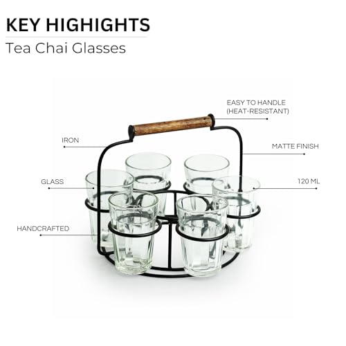 Image of ExclusiveLane 'Rail Express' Tea Glasses Set of 6 with Iron Holder (6 Glasses) | Chai Glasses with Stand Chai Cups Cutting Chai Glasses Tea Glasses with Handle Tea Cups Set of 6 Drinkware