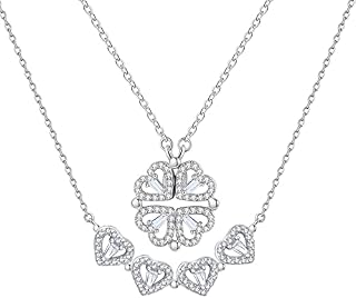 jagosen Four Leaf Clover Necklace for Women Silver Heart Pendant Valentine's Day Birthday Friendship Gift with Elegant Gift Box Flannel Bag