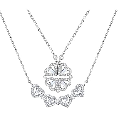 jagosen Four Leaf Clover Necklace for Women Silver Heart Pendant Valentine's Day Birthday Friendship Gift with Elegant Gift Box Flannel Bag Cover