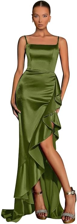 Satin Spaghetti Strap Prom Dresses Ruffle Hem Evening Gown for Women Long Formal Dress Slit Pev18