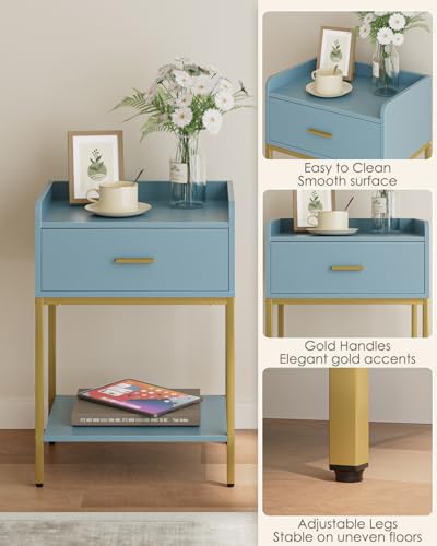 Image of Masupu Nightstand,Bedside Table 3-Tier Modern Night Stand with Storage Drawer and Shelf,Small End Side Table for Bedroom,Living Room,Black (Without Outlet, Blue)