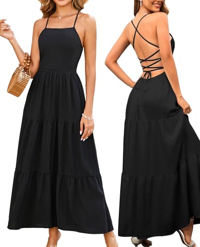 GLNEGE Women's Summer Boho Long Dresses Spaghetti Backless Lace Up Beach Dress Vacation Flowy Sundresses 2025