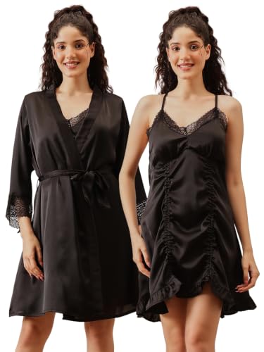 Image of Clovia Women's Satin Padded Short Nighty & Robe Set-Black