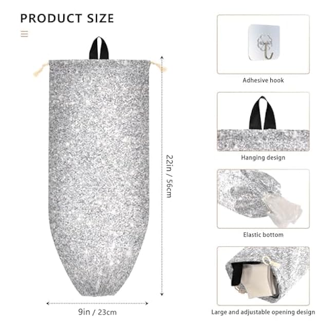 Silver Glitter Reusable Plastic Bag Holder for Kitchen Wall Mount Grocery Bag Organizer Dispenser with Drawstring Hanging Storage Dispenser for Bedroom Home Travelling Closet