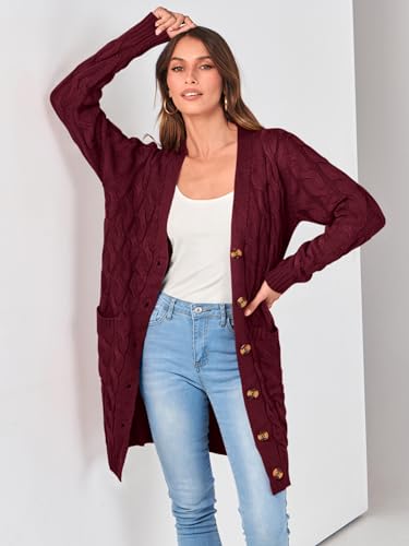 Image of PRETTYGARDEN Long Sleeve Cable Knit Long Cardigan for Women 2026 Spring Winter Chunky Open Front Button Sweaters with Pockets