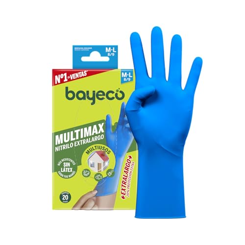 Bayeco Multimax - Guantes de nitrilo extralargo - color azul - 20 unidades - Desechable - Ambidiestro- tallas M/L