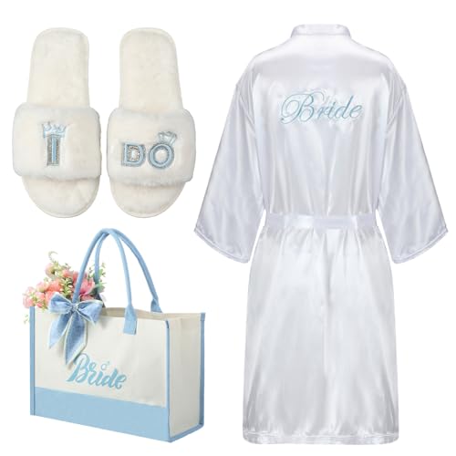 Berlune 3 Pcs Bride to Be Something Blue Gift Bridal Shower Gift Bride Robes Slippers Tote Bag for Bachelorette Beach Wedding