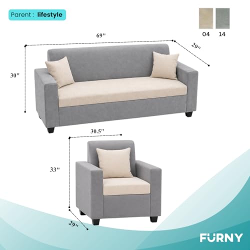 Image of FURNY QualityWood 3 Seater + 1 Seater + 1 Seater Fabric Sofa Set (Cream-Light Grey) with Velvet Finish | Durable Comfort | Ideal for Living Room