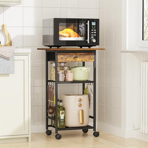 Draelibor Microwave Cart, 4-Tier Microwave Stand with Adjustable Shelf, Kitchen Storage Cart on Wheels, Coffee Bar Cart Shelf for Living Room, Kitchen Island, Office, Balcony, Rustic Brown