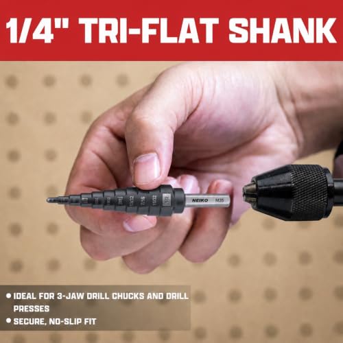 Image of NEIKO 10614B Step Drill Bit, 2 Steps 3 /8 inch to 1 /2 inch Straight M35 Cobalt, AlTiSiN Coated, 1 /4 inch Tri-Flat Step Bits for Steel, Metal, Wood, Plastic, Unibit Cone Drill Bits, Two Flute