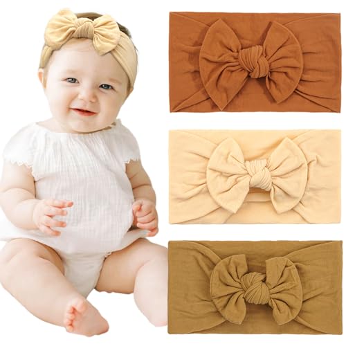 Image of JOYOYO 3 Colors Soft Wide Turban Baby Headbands with 4.5 inches Hair Bow Headbands for Baby Girls Infants Newborn Hair Accessories Toddlers Kids and Children(Beige Khaki Brown)