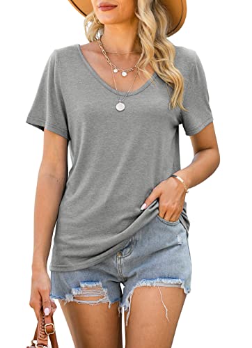 Micticsi T Shirts For Women Summer Clothes Casual Short Sleeve V Neck Tops Plain Basic Tees Gray Large #TOP3