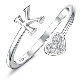 MILACOLATO 925 Sterling Silver Rings for Women 18K White Gold Plated Heart Initial K Rings Adjustable Capital Letter Name Rings Non Tarnish Stackable Thumb Pinky Ring for Mothers Daughter Birthday Bridesmaid Gifts Jewelry