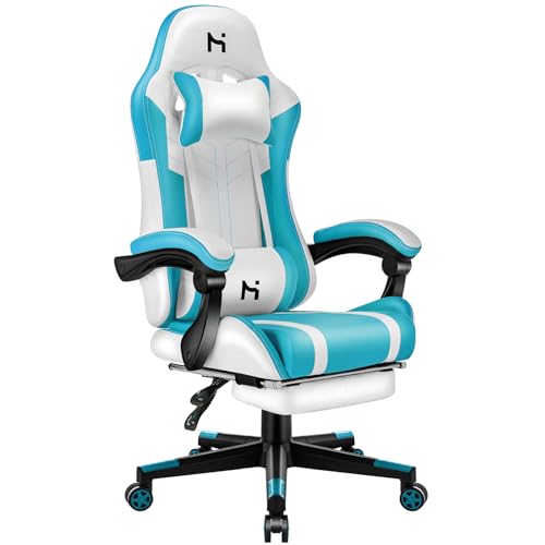 HLFURNIEU Chaise Gaming, Fauteuil Gamer Hauteur Réglable, Chaise de Gaming avec Repose-Pied Télescopique, Appui-tête et Support Lombaire, Siege Gamer Blanc et Bleu