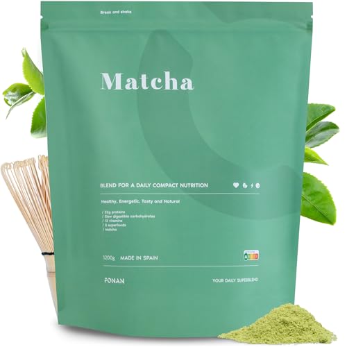 FONAN Batidos Sustitutivos de Comida y Desayuno Sanos para una Dieta Completa 1,2KG - Batidos Saciantes con Vitaminas, Minerales, Hidratos de Carbono, Proteina en Polvo, Espirulina y Baobab MATCHA