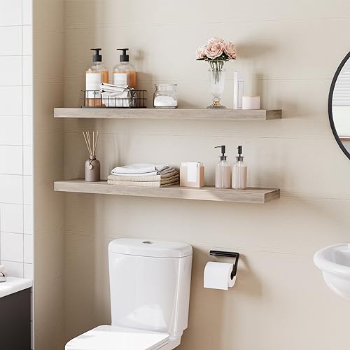 Image of HOOBRO Floating Shelves for Wall, Wall Mounted Shelf Set of 2, 39.4 inch Hanging Shelf with Invisible Brackets, for Wall Decor Storage in Bathroom Bedroom Kitchen Living Room Office, Greige BG100BJP201