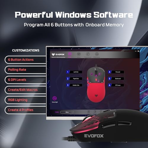 Image of EvoFox Phantom Air Ultra Lightweight Gaming Mouse 54g | Upto 1000Hz Polling Rate, 7000 FPS, 12800 DPI | Honeycomb RGB Lighting | Fully Programmable with Windows Software & On-Board Memory | Black