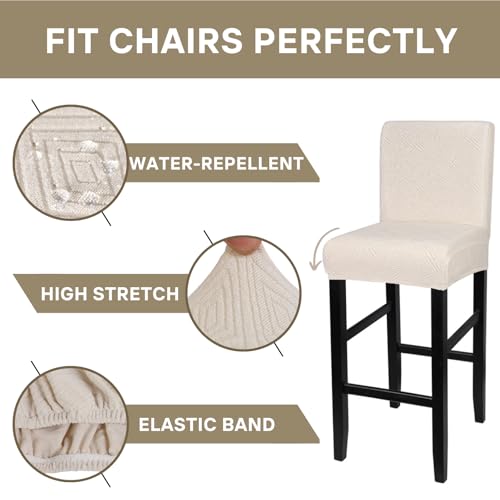 Image of SearchI Water Repellent Bar Stool Covers Set of 4, Stretch Washable Barstool Seat Covers, Counter Height Chair Covers for Kitchen Dining Room Cafe (Beige Diamond Jacquard)