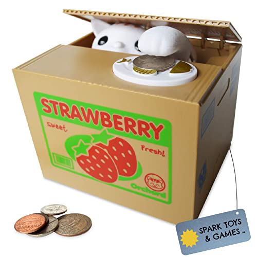 SPARK TOYS & GAMES - Stealing Kitty Cat Piggy Bank in Strawberry Box - Very Cute - Steal Coins Like Magic!
