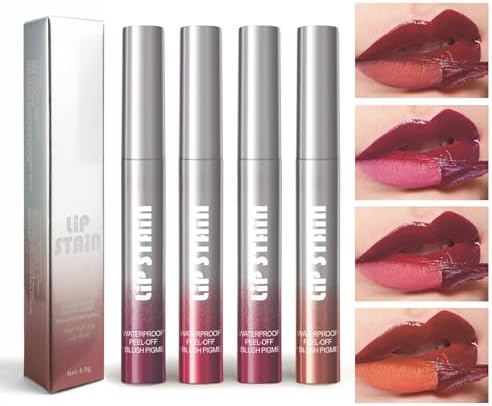 4 Colors Lip Stain Peel Off, Long Lasting Waterproof Transferproo...