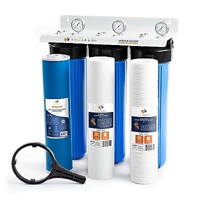 Aquaboon 3-Stage Whole House Water Filter System with Chlorine & Sediment Reducing 20x4.5 Water Filter Cartridges, Gauge & Release, Wrench, Bracket
