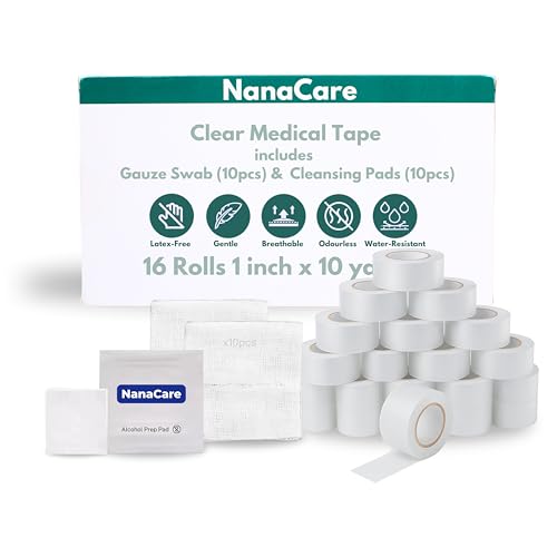 NanaCare Clear Medical Tape Waterproof, 16 Rolls - 1 inch x 10 yds + 10 pc Gauze Pads - Hypoallergenic Surgical Tape Skin