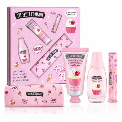 The Fruit Company Set Pack Regalo Fresa y Nata - Pack Regalo - Colonia, Aceite Labial, Crema de Manos y Estuche - Set Regalo Dia de la Madre