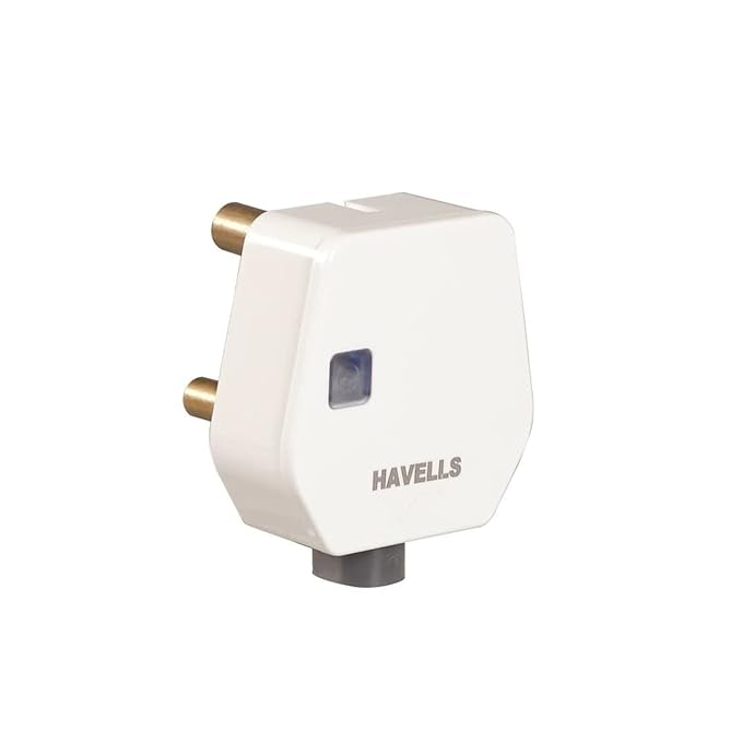 Havells 6A 3Pin Fire Retardant Polycarbonate(Unbreakable) Flat Plug Top with Indicator Constitute Heavy Brass Parts & Have Longer Durablity,Elegent Design with Glossy Finish Cord Grip Provided (White)
