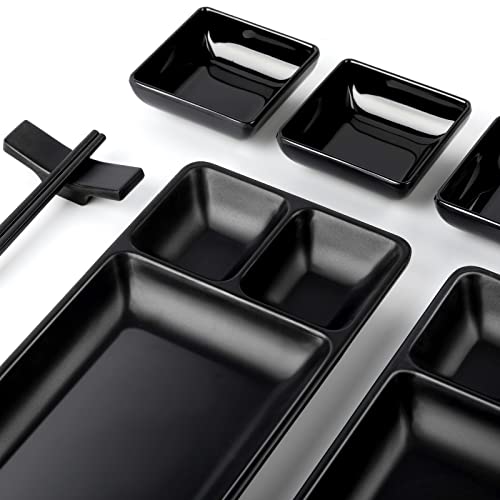 Hoolerry 8 Sets Sushi Plate Set Includes 8 Sushi Plates, 8 Soy Sauce Bowls, 8 Chopsticks, 8 Chopstick Holders, Japanese Dinnerware Set Sushi Serving Set, Black #TOP2